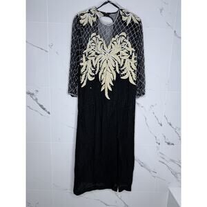 Beaded Silk Laurence Kazar Evening Gown Large VTG Dress Black White Regal Art